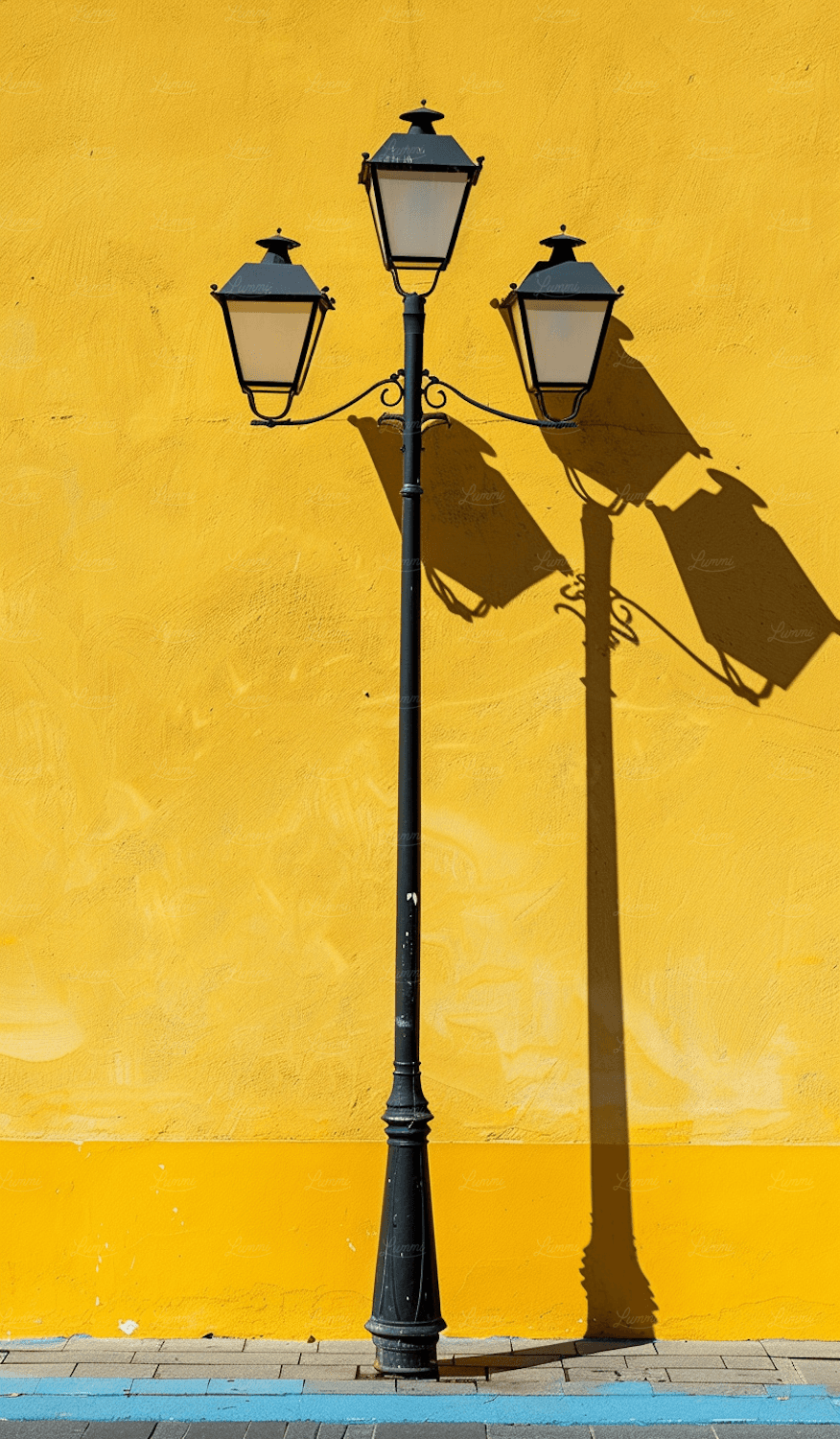 A black street lamp with three lanterns casting sharp shadows on a yellow wall